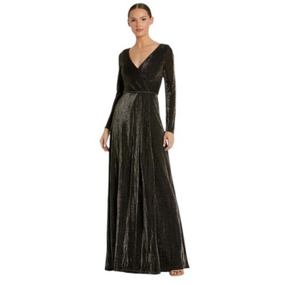 Mac Duggal Size 16 NEW Black Gold Long Sleeve Faux Wrap A Line Gown 49088 NWT