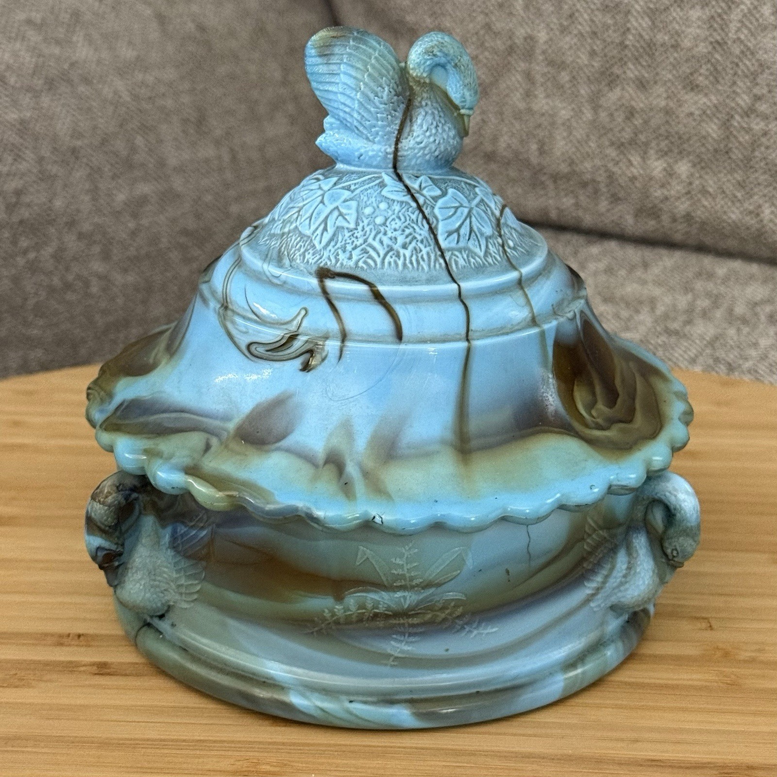 Vintage MCM Westmoreland Milk Blue Brown Swirl Slag Glass Swan Candy Dish Rare!