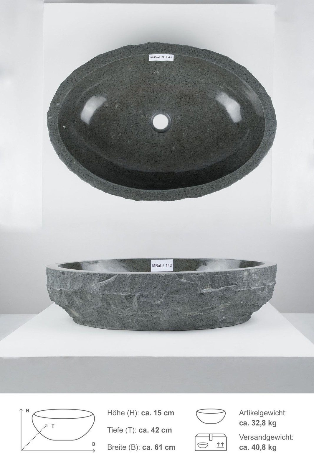 Lavabo Andesita 60 cm EROSI ovalado antracita piedra natural baño WC WOHNFREUDEN