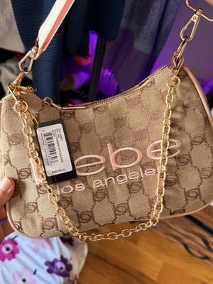 bebe Beige and Pink Logo Shoulder Bag with Chain Strap Detachable Pouch