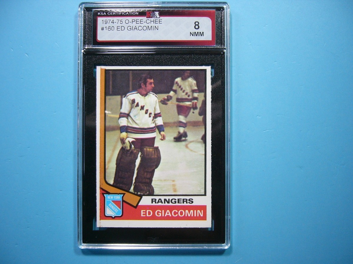 1974/75 O-PEE-CHEE NHL HOCKEY CARD #160 ED GIACOMIN KSA 8 NM/MINT