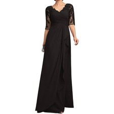 Black Lace Sequin V-Neck Evening Gown Ruched Formal Maxi Dress with Cowl Back