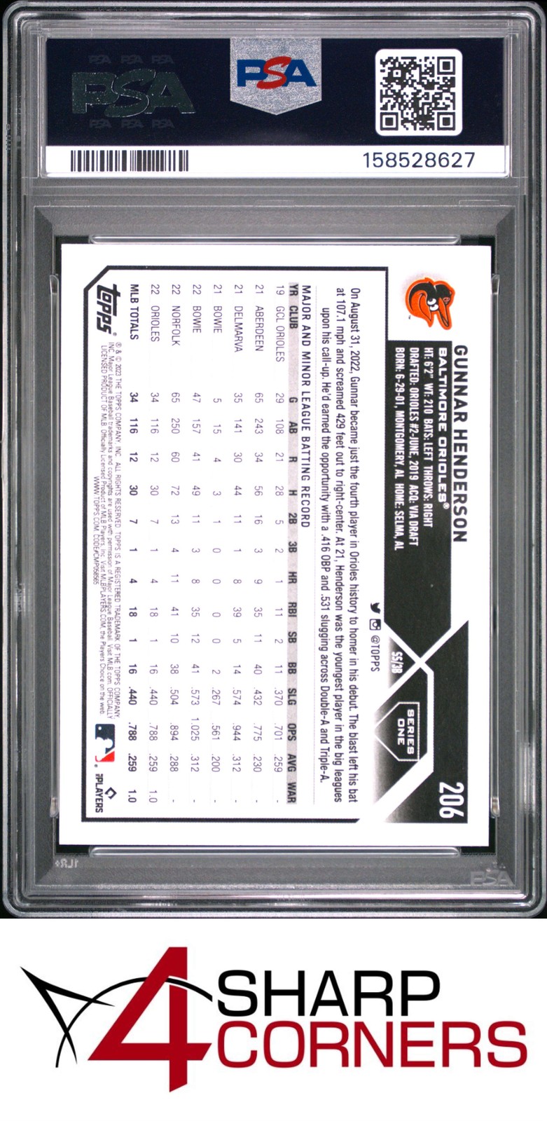 2023 TOPPS #206 GUNNAR HENDERSON RC ORIOLES PSA 10 view 2