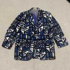 Vintage Sandwich Isles Blazer Sport Jacket S38 Blue Hawaiian Tiki Tapa Print