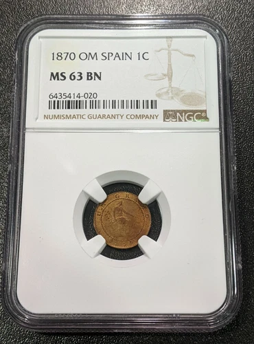 1870 OM MS63 BN Spain Centimo NGC KM 660 Provisional Government