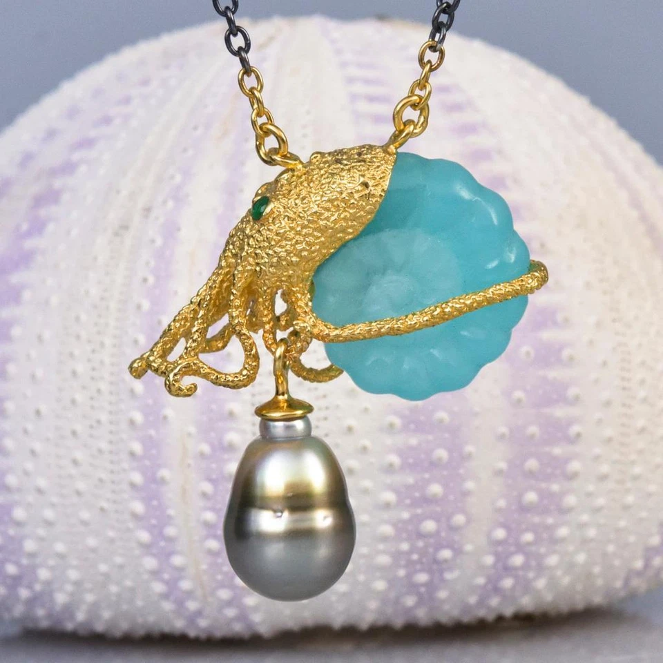 Halskette Nautilus Octopus Chalzedon Tahitische Pearl Gold Vermeil Sterling - Bild 2 von 4