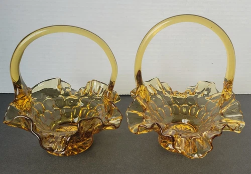 Vintage Fenton Thumbprint Amber Glass Basket Set Of 2 *LOCAL PICKUP ONLY*