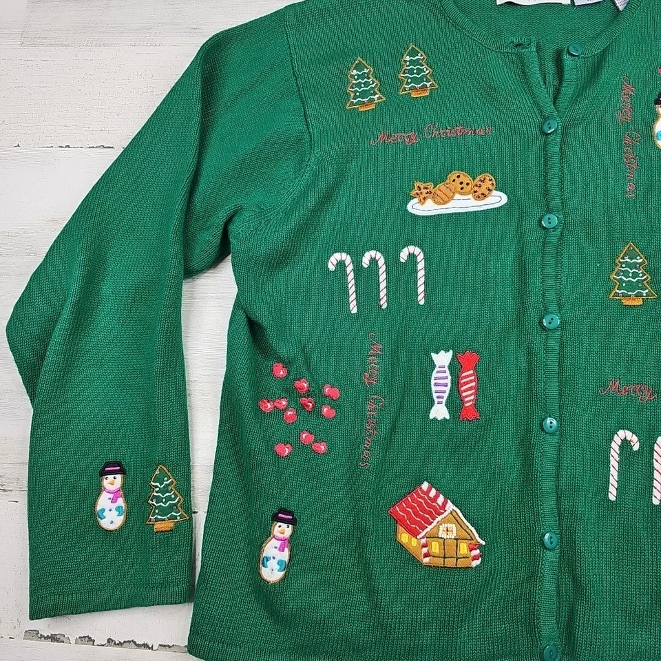 Cárdigan de Navidad vintage Marisa Christina para mujer XL verde con botones hombre de nieve Foto 3 de 4