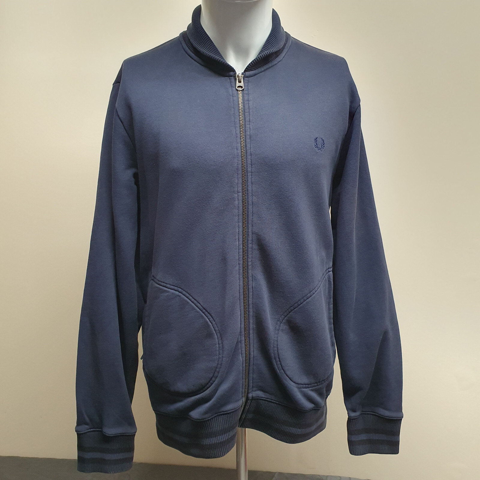 Fred Perry 100% Cotton Navy Blue Zip Up Cardigan Mens Jumper Size