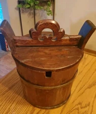 ANTIQUE Staved Wooden Pail Bucket Firkin Metal Bands & Lid Chinese Asian PATINA!