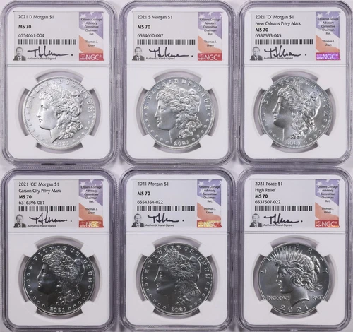 2021 Morgan & Peace Silver Dollar 6 Coin Set NGC MS 70 (Thomas Uram Signed)