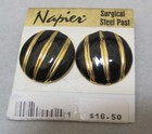 Stripe Round Post Earrings New Nos Vtg Napier Black Enamel Gold Textured