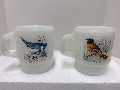 Vintage Fire King Bird Stackable Mugs Milk Glass Set Of 2 Good Condition
