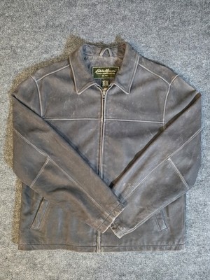 VTG Eddie Bauer Mens Large Gray Distressed Full Zip Leather Jacket Lined 1 OF 1
