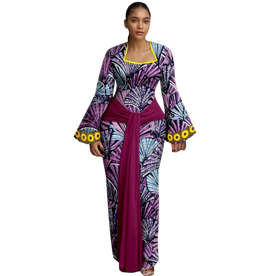 African Dress for Women Wax Print Square Collar Dress with belt 2525004 - Image 3 of 4