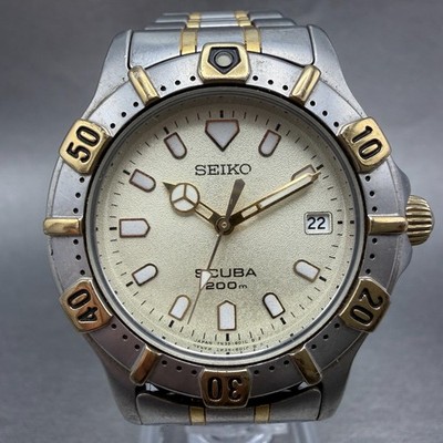 Seiko Scuba Watch Men 36mm Champagne Dial Two Tone Date 7N35-6010