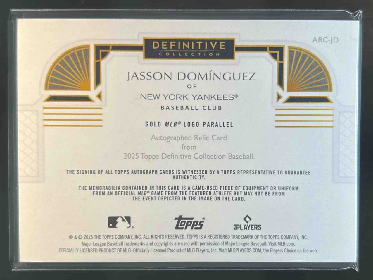 2025 Topps Definitive Jasson Dominguez Relic Auto Logoman Patch Gold #1/1 view 2
