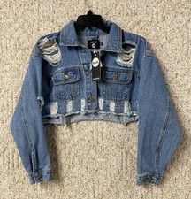 Boohoo Denim Jean Jacket Women's Size 8 Medium Cropped Distressed Blue