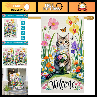 Cute Cat Welcome House Flag 28''x40'' - Double-Sided Floral Outdoor Decor for Spri
