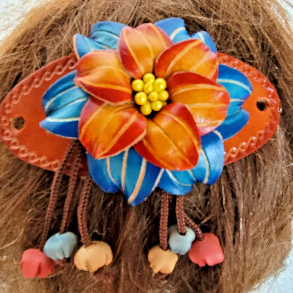 Кожаная заколка цветок заколка для волос держатель для хвоста пони ручной работы - Изображение 3 из 4