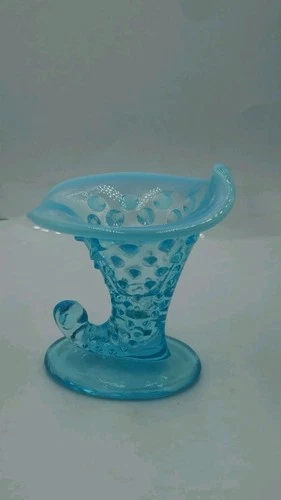 Fenton Ice Blue Opalescent Hobnail Glass Cornucopia Horn Vase Toothpick Holder