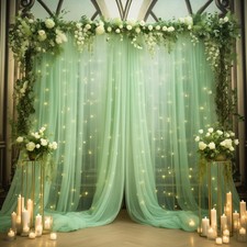 10x8ft Olive Green Tulle Backdrop Curtain with Lights String for Parites Shee...