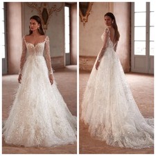  Luxurious Shiny White A-Line Lace Bead Feather V-Neck Backless Beach Bride Gown