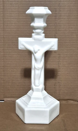 Vintage Milk Glass Crucifix Cross Candlestick 10" Tall Alter White Candle Holder