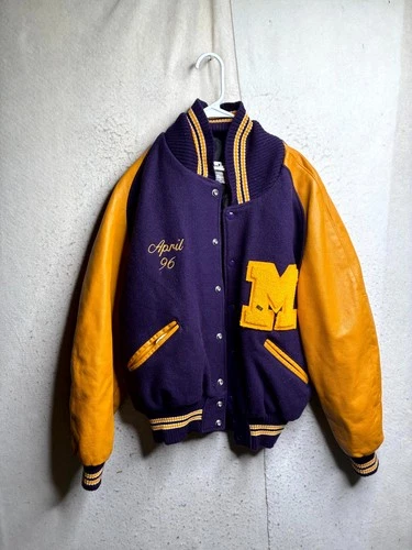 VTG Delong April '96 Varsity Letterman Jacket Mens Large Purple Gold Snap Front - product listing photo