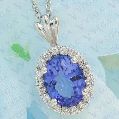 5.00 ct Oval Natural Tanzanite & Diamond Pendant 14k White Gold solid No Chain