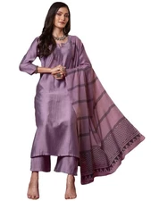 GoSriKi Women's Rayon Viscose Solid Straight Kurta with Pant & Dupatta