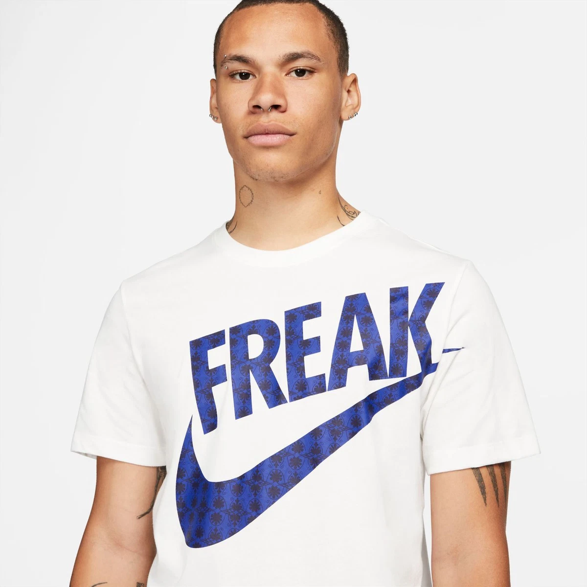 Nike Men's Giannis Freak White Exploded Swoosh Dri-Fit Performance Black  T-Shirt