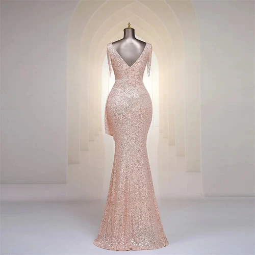 Evening Dress Tassel V Neck Ruffles High Split Women Sequin Long Prom Party Gown - Picture 15 of 30