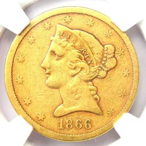 1866-S Liberty Gold Half Eagle $5 Coin Motto - Certified NGC VF25 - Rare Date!