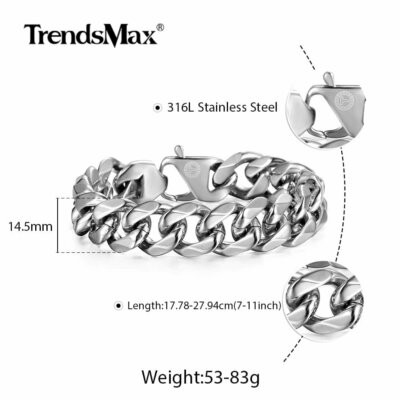15mm Cuban Link Bracelet - 8-10 Inch 316L Stainless Steel Men's Chain, Silver Finish 6 thumbnail image