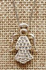 A79 Sterling Silver White Enamel Angel w/ Crystals on Sterling Chain