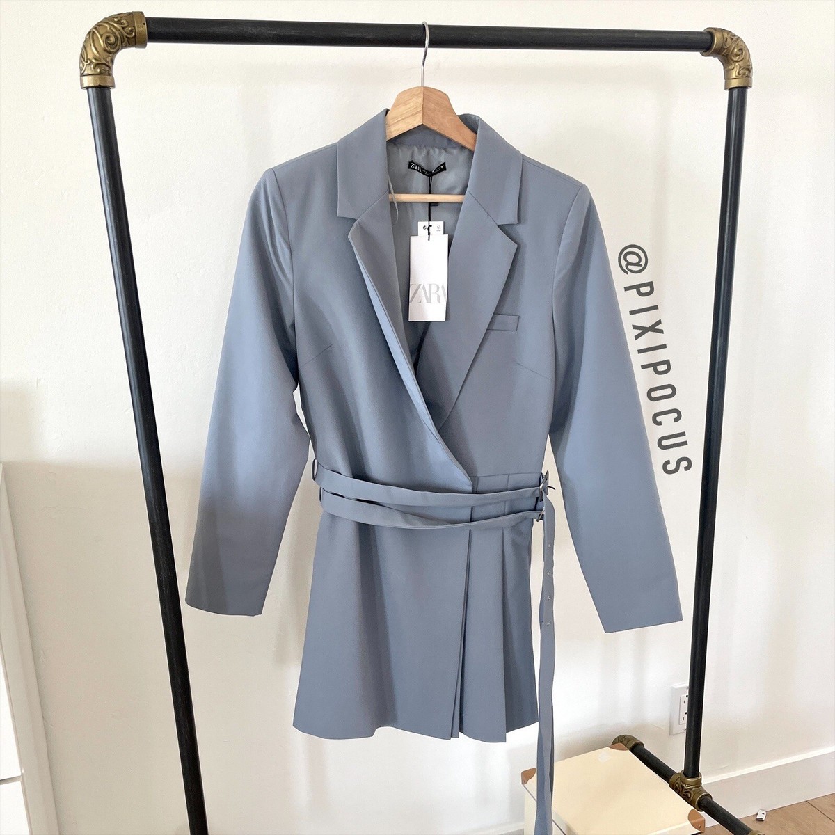 ZARA NEW BOX PLEAT BLAZER DRESS w/ BELT BLUE GRAY LARGE - XL