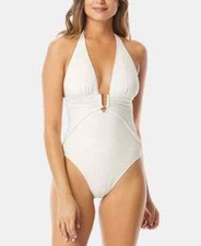 Vince Camuto Pacific Wave Plunging Texture Cream One-Piece Swim L20560 Size 6
