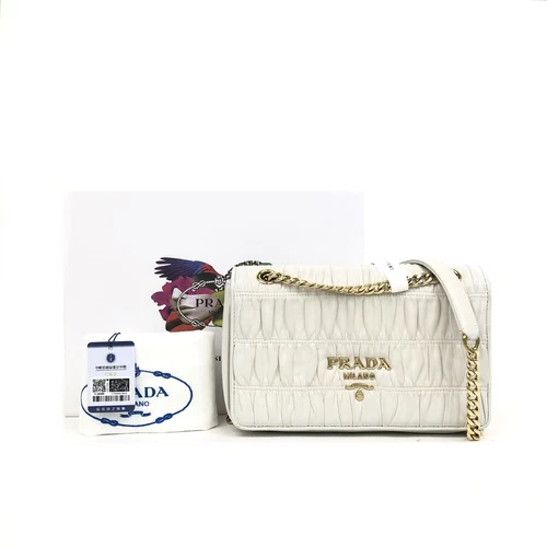 Prada White Flap Wrinkled Sheepskin ﻿Shoulder Bag Chain Leather 