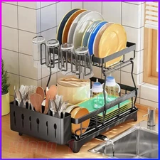 2 Tier Over Sink Dish Drying Rack Stainless Steel Kitchen Dish Drainer Organizer