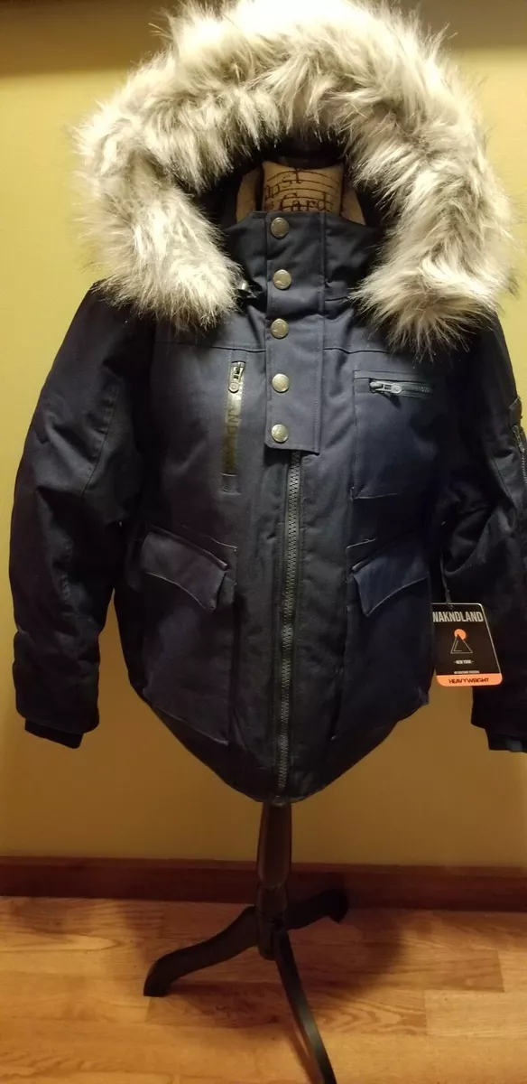 NWT Womens Awaknd Land Heavyweight Parka Coat Faux Fur Hood Navy Blue L