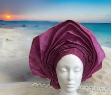Purple Autogele Aso-Oke African Headtie Auto Gele, Yoruba Gele Purple-NEW