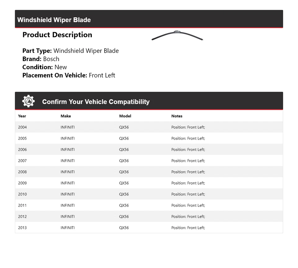For 2004-2013 INFINITI QX56 Bosch ICON Windshield Wiper Blade Front Left 2005 - Imagem 2 de 4