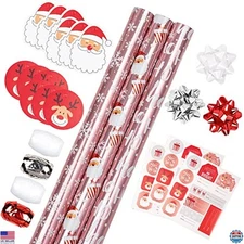 LeZakaa Christmas Wrapping Paper Set - 3 Mini Rolls, Bow, Stickers & Tags -