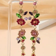 Floral Rhinestone Dangle Earrings   Colorful Long Flower Drop Earrings for Women