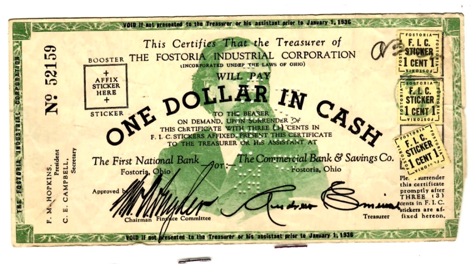 $1  "FOSTORIA CORP" (1930S) $1  "DEPRESSION SCRIP" (FOSTORIA) $1 RARE! (1930'S) - Image 2 of 3