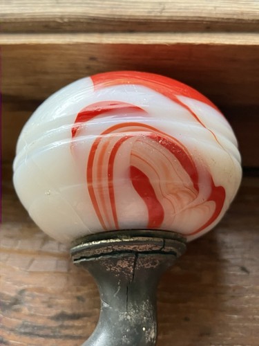 Vintage Glass Slag Marble Gear Shift Knob & Handle Red White Swirl Rat Rod
