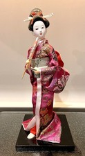 Japanese Geisha Doll In Silk Kimono On Base - 31cm Tall