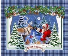 Quilting Treasure - Santa Claus And Reindeer - Blue Quilting Fabric Panel