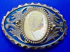 Woman Face Carved on Mother of Pearl Cab in Blue Color Vtg. Western Belt Buckle